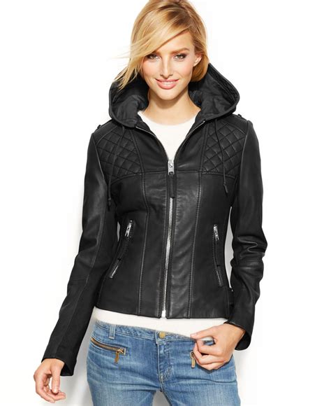 michael kors black hooded leather jacket|michael kors insulated jacket.